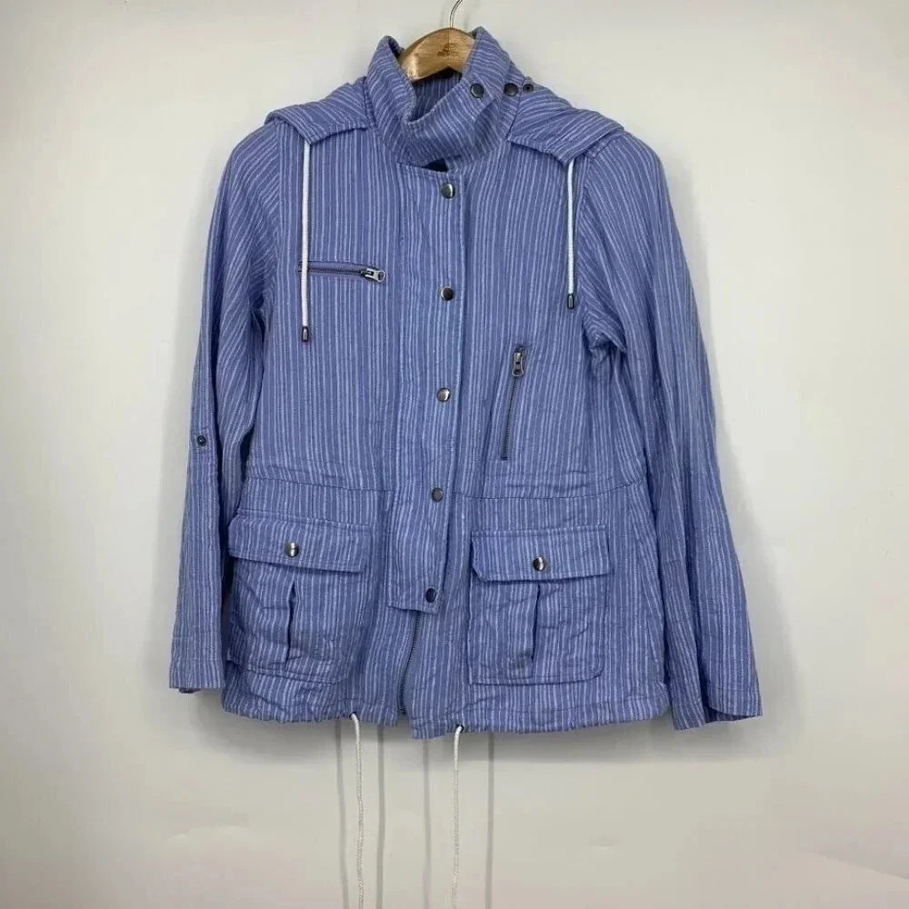 Joie Women's S‎ Barker Anorak Jacket Full Zip Striped Linen Utility Hood Size M